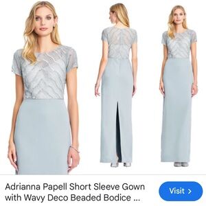 Adrianna Papell Short Sleeve Beaded Bodice Gown dress light blue and silver sz 4